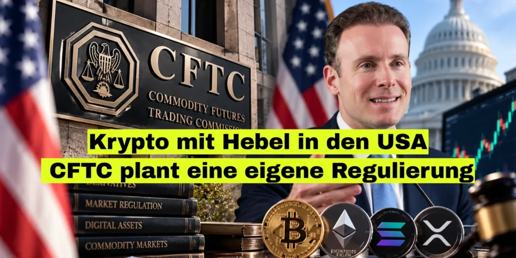 CFTC-Schild vor einem Behördengebäude, davor Kryptomünzen und ein Kerzenchart. Bildtitel: Krypto mit Hebel in den USA, CFTC plant eine eigene Regulierung.