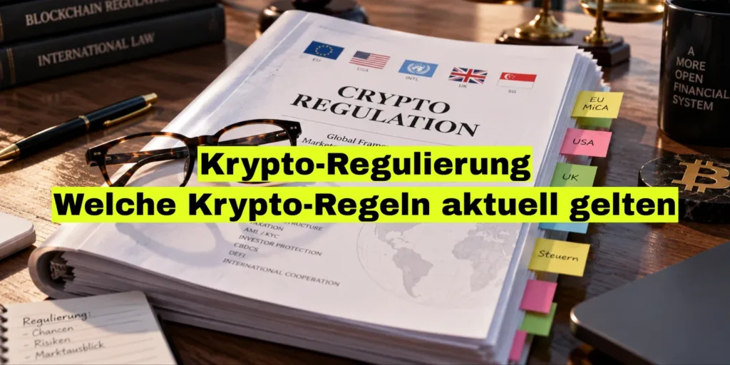 Dickes Dokument mit Länderfahnen und Haftnotizen, darauf eine Lesebrille. Bildtitel: Krypto-Regulierung, welche Krypto-Regeln aktuell gelten.