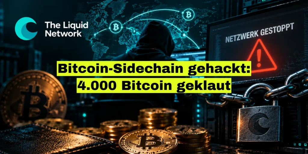 Bitcoin-Münzen und ein Vorhängeschloss vor Serverschränken, dahinter ein Monitor mit Warnsymbol. Bildtitel: Bitcoin-Sidechain gehackt, 4.000 Bitcoin geklaut