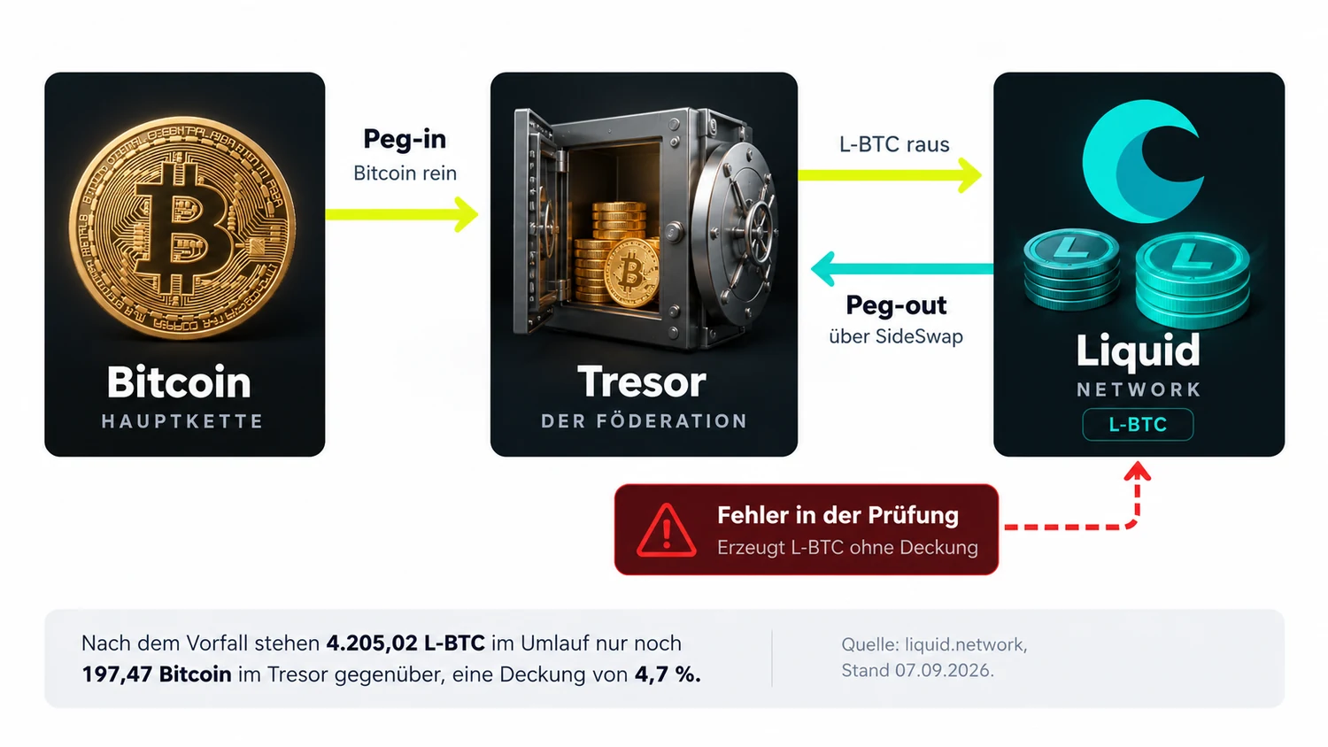Schema des Liquid Network: Bitcoin werden im Tresor der Föderation eingesperrt und als L-BTC weitergereicht, ein Fehler in der Software Elements erzeugte L-BTC ohne Deckung, die über den Peg-out von SideSwap in echte Bitcoin getauscht wurden
