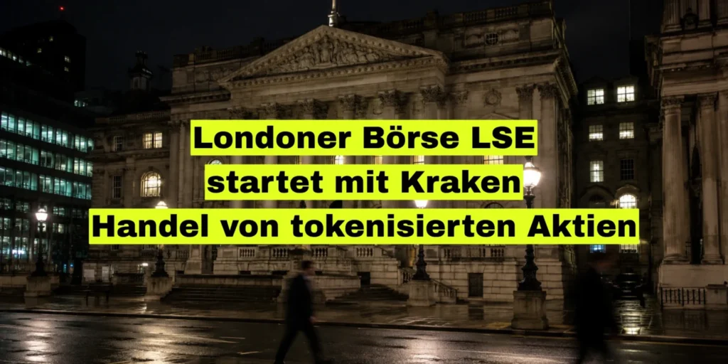 Klassisches Börsengebäude in London bei Nacht mit beleuchteten Fenstern, nasse Straße mit Spiegelungen und zwei unscharfe Passanten