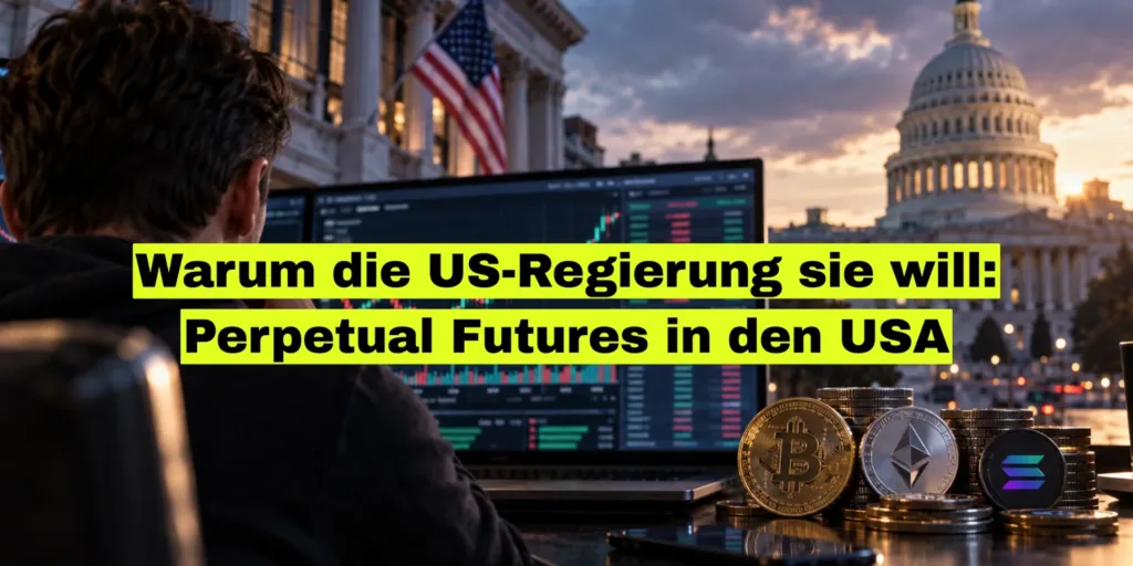 Trader vor Laptop mit Kurschart, dahinter US-Flagge und Kapitol, vorne Krypto-Münzen. Bildtitel: Warum die US-Regierung sie will: Perpetual Futures in den USA.