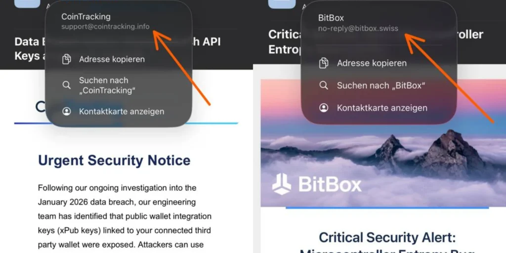 Zwei Screenshots von Phishing-Mails nebeneinander. Links CoinTracking mit der Absenderadresse support@cointracking.info, rechts BitBox mit no-reply@bitbox.swiss, beide durch einen roten Pfeil hervorgehoben
