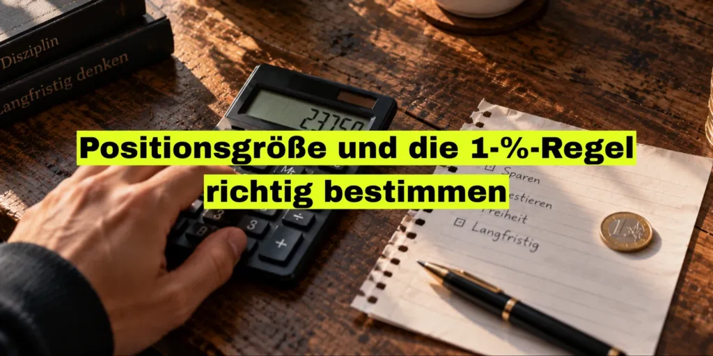 Hand an einem Taschenrechner, daneben ein Notizbuch und eine einzelne Münze. Bildtitel: Positionsgröße und die 1-Prozent-Regel richtig bestimmen.