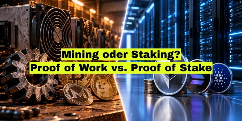 Links Mining-Hardware mit Zahnrädern, rechts Coin-Symbole in einem blauen Rechenzentrum. Bildtitel: Mining oder Staking, Proof of Work gegen Proof of Stake.