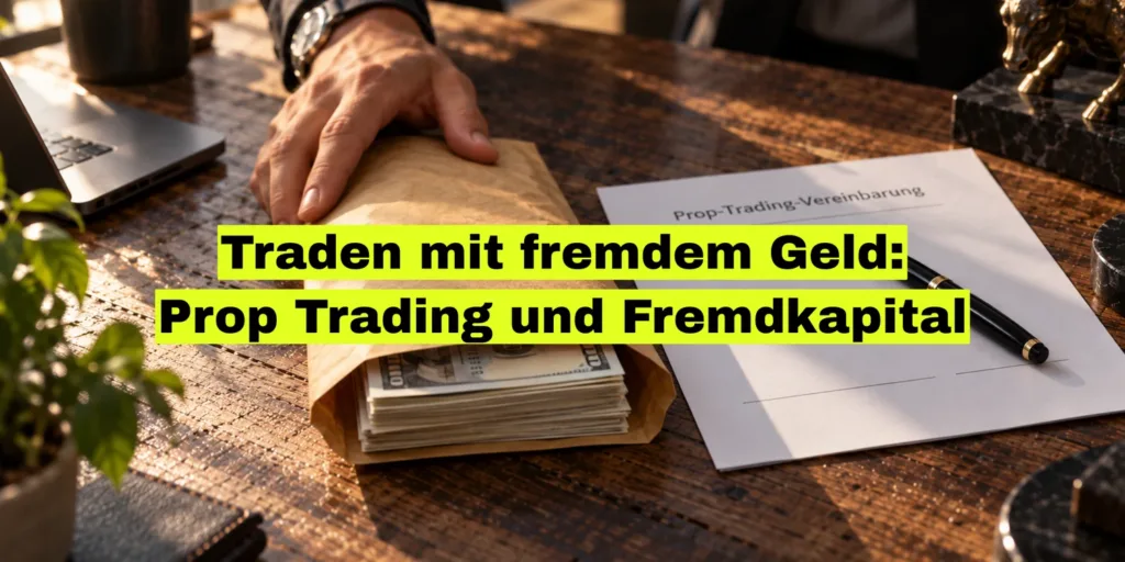 Ein Umschlag mit Geldscheinen und eine Prop-Trading-Vereinbarung auf einem Holztisch. Bildtitel: Traden mit fremdem Geld, Prop Trading und Fremdkapital.