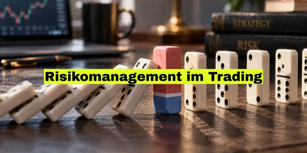 Fallende Dominosteine auf einem Holztisch, in der Mitte von einem aufrecht stehenden Stein gestoppt. Bildtitel: Risikomanagement im Trading.