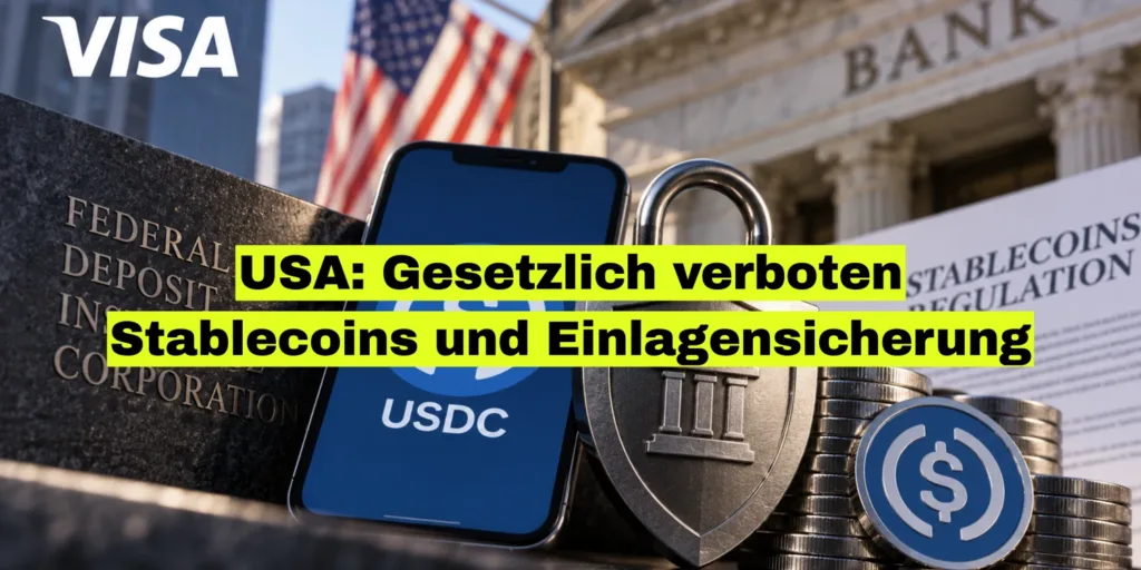 Visa-Logo, US-Flagge, Bankgebäude und FDIC-Schild, davor ein Smartphone mit USDC-Logo und USDC-Münzen; Bildtitel: USA: Gesetzlich verboten, Stablecoins und Einlagensicherung