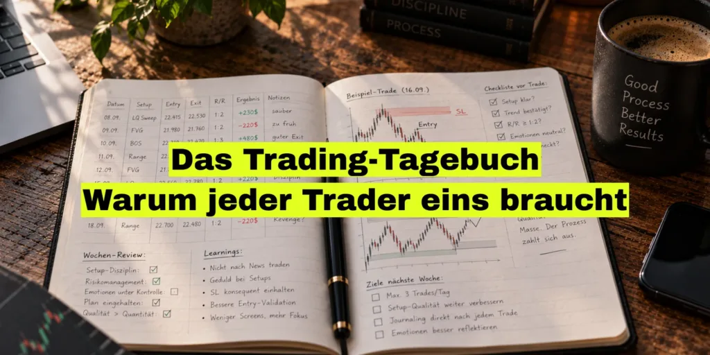 Aufgeschlagenes Notizbuch mit handschriftlich geführten Trades und Chartskizzen, daneben eine Kaffeetasse. Bildtitel: Das Trading-Tagebuch.