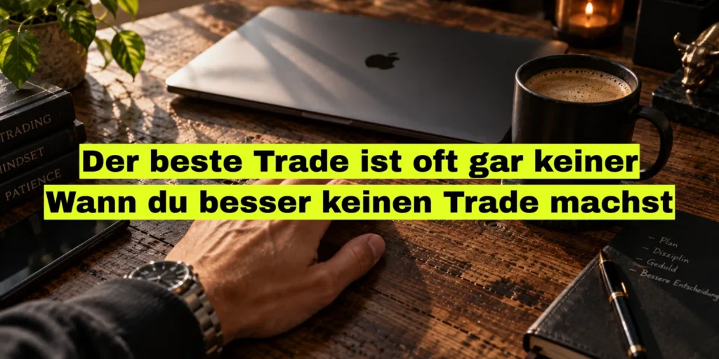 Geschlossener Laptop, volle Kaffeetasse und eine ruhig auf dem Tisch liegende Hand. Bildtitel: Der beste Trade ist oft gar keiner.
