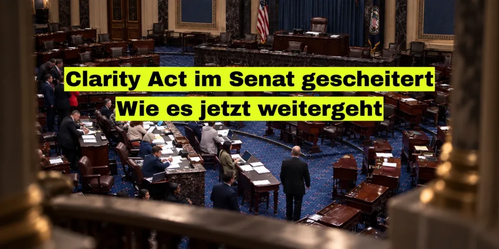 Blick von oben in den Plenarsaal des US-Senats, Senatoren an ihren Pulten. Bildtitel: Clarity Act im Senat gescheitert, wie es jetzt weitergeht.