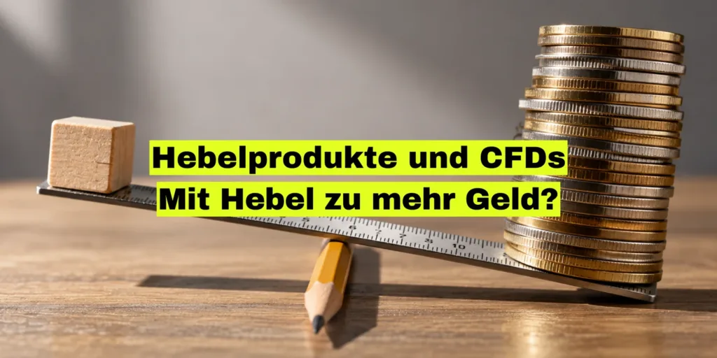 Holztisch mit einem Lineal als Hebel über einem Bleistift, das einen hohen Münzstapel anhebt. Bildtitel: Hebelprodukte und CFDs, mit Hebel zu mehr Geld?