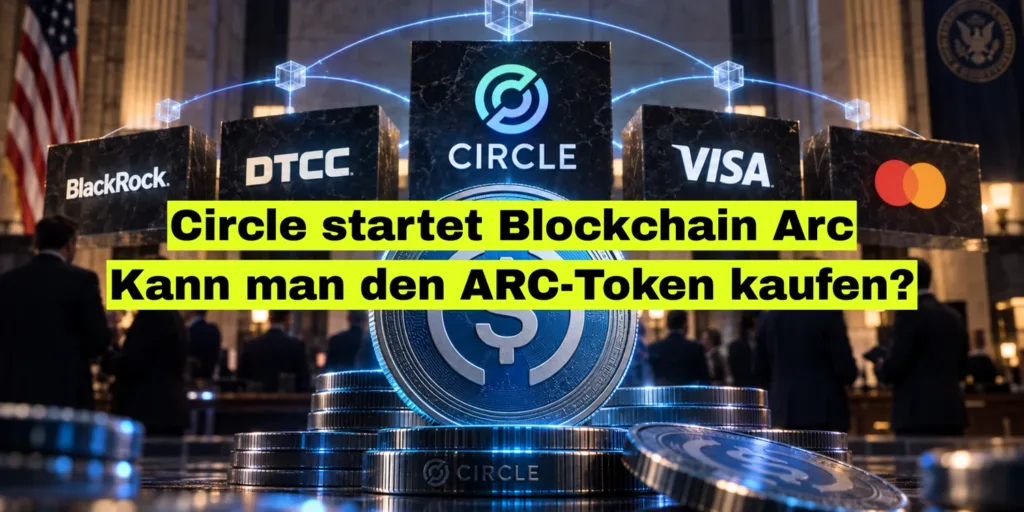 USDC-Münze vor Marmorblöcken mit den Logos von Circle, BlackRock, DTCC, Visa und Mastercard, verbunden als Netz. Bildtitel: Circle startet Blockchain Arc: Kann man den ARC-Token kaufen?