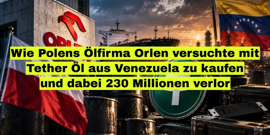 Orlen-Zentrale, Tanker, Flaggen Polens und Venezuelas, Tether-Münze und USB-Stick. Bildtitel: Wie Polens Ölfirma Orlen versuchte, mit Tether Öl aus Venezuela zu kaufen, und dabei 230 Millionen verlor