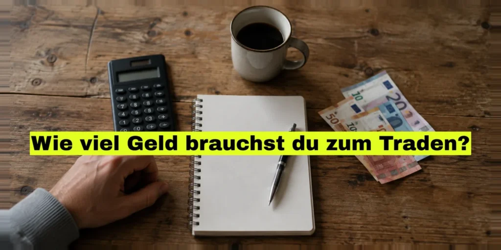 Holztisch von oben mit Taschenrechner, Notizblock, Stift, Kaffeetasse und Euro-Geldscheinen, dazu eine Hand am Bildrand