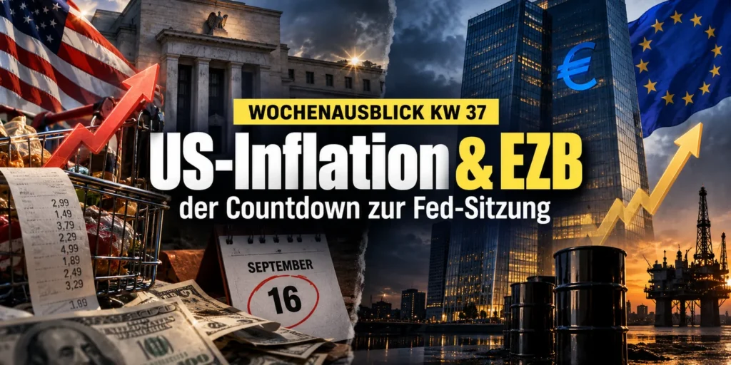 Titelbild zum Wochenausblick KW 37 2026 mit dem Gebäude der US-Notenbank, einem Einkaufswagen mit Kassenbon und Geldscheinen auf der linken Seite sowie dem EZB-Hochhaus in Frankfurt und der Europaflagge auf der rechten Seite