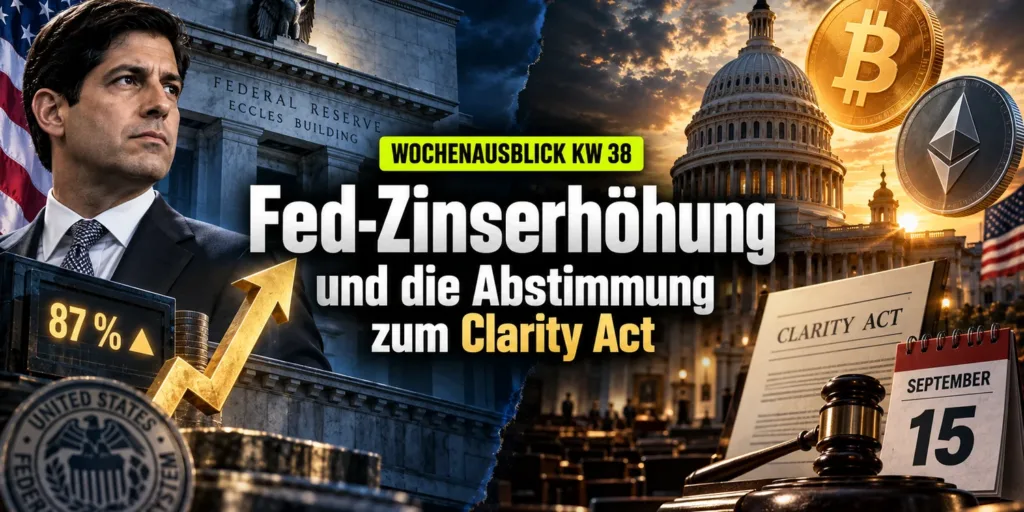Titelbild zum Wochenausblick KW 38 2026 mit dem Gebäude der US-Notenbank und einer Anzeige mit 87 Prozent auf der linken Seite sowie dem Kapitol, einem Clarity-Act-Dokument und einem Kalenderblatt mit dem 15. September auf der rechten Seite
