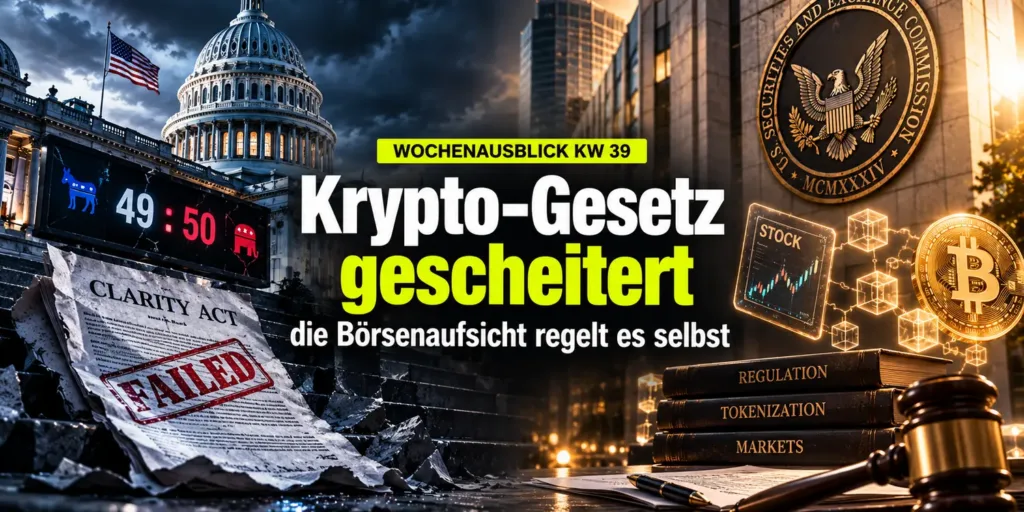 Kapitol mit Anzeigetafel 49 zu 50 und zerknittertem Clarity-Act-Papier, rechts das Siegel der US-Boersenaufsicht mit Bitcoin. Bildtitel: Krypto-Gesetz gescheitert.
