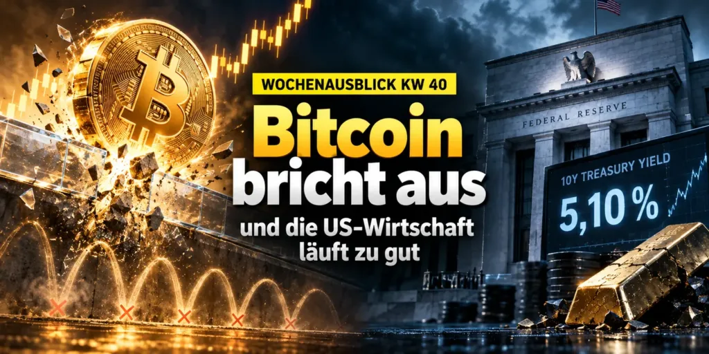 Goldene Bitcoin-Münze durchbricht eine Glasbarriere, rechts die Federal Reserve. Bildtitel: Wochenausblick KW 40, Bitcoin bricht aus