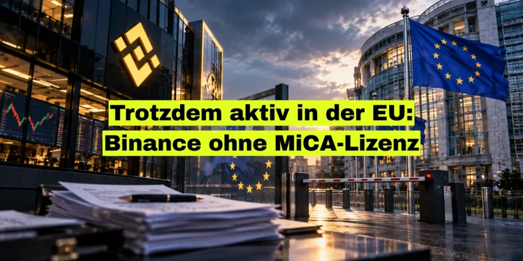 Binance-Logo an einer Glasfassade mit Kurscharts, daneben ein EU-Gebäude mit EU-Flagge und geschlossener Schranke, vorn ein Aktenstapel. Balken: Trotzdem aktiv in der EU: Binance ohne MiCA-Lizenz.