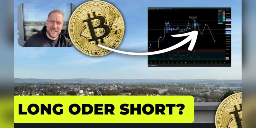 YouTube-Vorschaubild zum Bitcoin-Marktupdate vom 7. Oktober 2026: Florian Sondershausen oben links, eine Bitcoin-Münze mit weißem Pfeil auf einen Bitcoin-Chart mit gelben Szenario-Pfeilen, im Hintergrund eine Stadt am Fluss, unten der gelbe Balken „LONG ODER SHORT?“