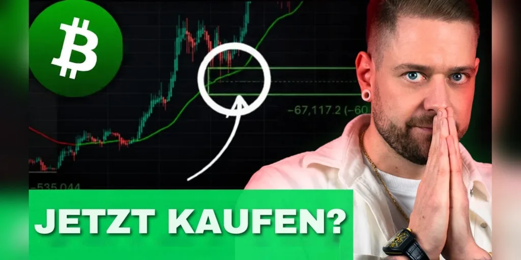 Florian Sondershausen mit gefalteten Händen neben einem Bitcoin-Chart mit eingekreister Zone und dem Schriftzug Jetzt kaufen?