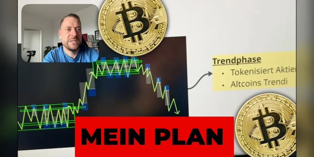 YouTube-Vorschaubild: Florian Sondershausen vor einem Chart-Schema mit Seitwärtsphase und Trendphase, zwei Bitcoin-Münzen und der Schriftzug Mein Plan.