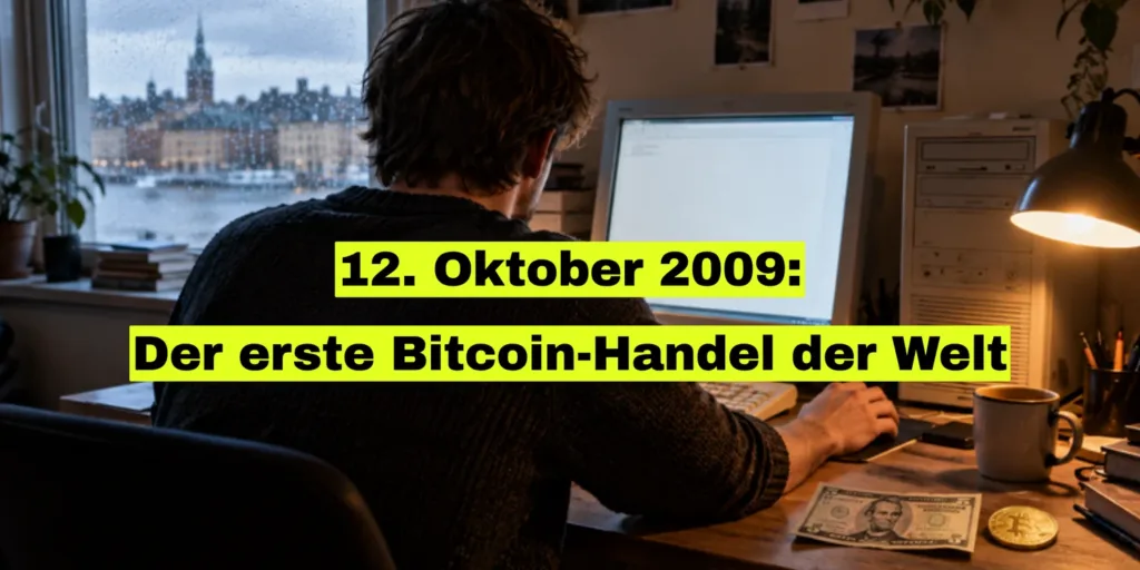 Titelbild: junger Mann von hinten am Schreibtisch vor einem alten PC, Regen am Fenster, vorne ein Fünf-Dollar-Schein und eine Bitcoin-Münze, Schrift: 12. Oktober 2009: Der erste Bitcoin-Handel der Welt