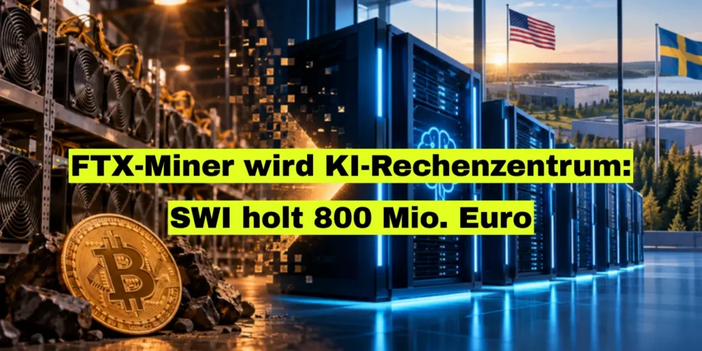 Mining-Geräte und Bitcoin-Münze vor neuen Serverschränken, dahinter Flaggen der USA und Schwedens. Bildtitel: FTX-Miner wird KI-Rechenzentrum: SWI holt 800 Mio. Euro