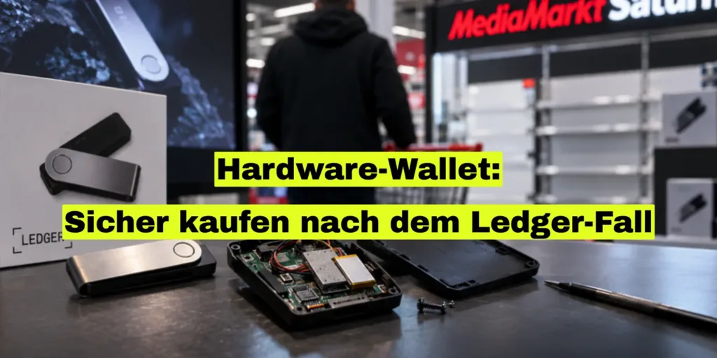 Kunde von hinten mit Einkaufswagen vor leeren Regalen unter einem MediaMarkt-Saturn-Schild, vorn eine Ledger-Box, eine Ledger-Wallet und ein geöffnetes Gerät mit Platine. Text: Hardware-Wallet: Sicher kaufen nach dem Ledger-Fall