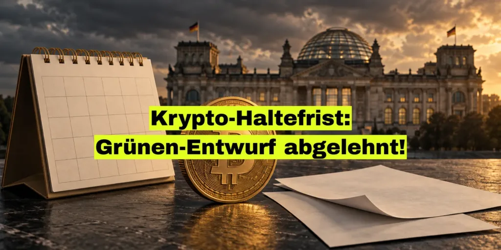 Bitcoin-Münze, leerer Tischkalender und Papiere vor dem Reichstagsgebäude, Schriftzug: Krypto-Haltefrist: Grünen-Entwurf abgelehnt!
