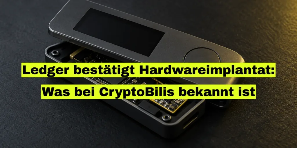 Geöffnete Hardware-Wallet mit zusätzlicher Elektronik. Titel: „Ledger bestätigt Hardwareimplantat: Was bei CryptoBilis bekannt ist“.