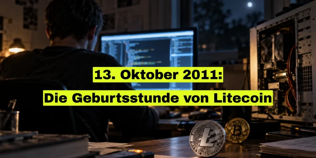 Titelbild: Programmierer nachts von hinten am Rechner, vorne eine silberne Litecoin-Münze und eine goldene Bitcoin-Münze, Schrift: 13. Oktober 2011: Die Geburtsstunde von Litecoin