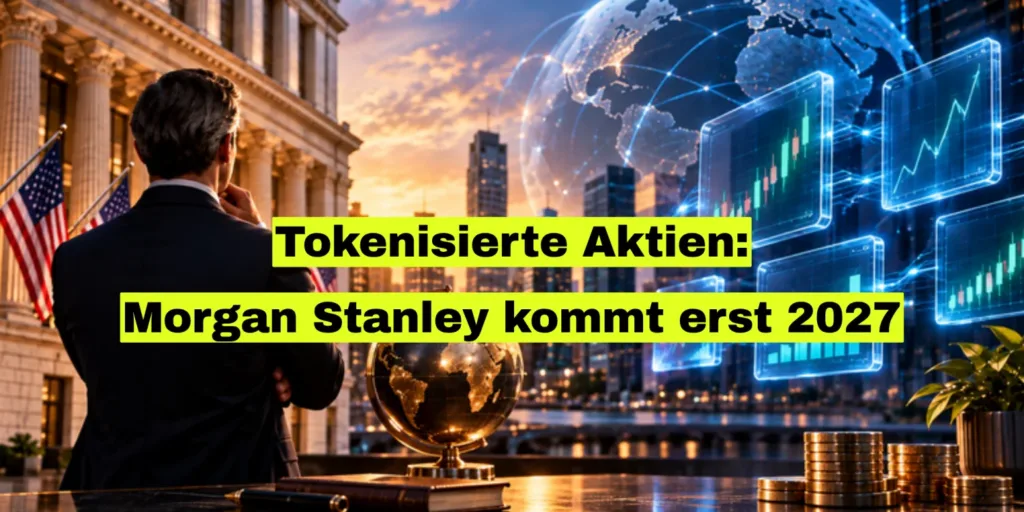 Mann im Anzug von hinten vor einem Börsengebäude mit US-Flaggen, daneben leuchtende Glastafeln mit Kurscharts. Bildtitel: Tokenisierte Aktien: Morgan Stanley kommt erst 2027