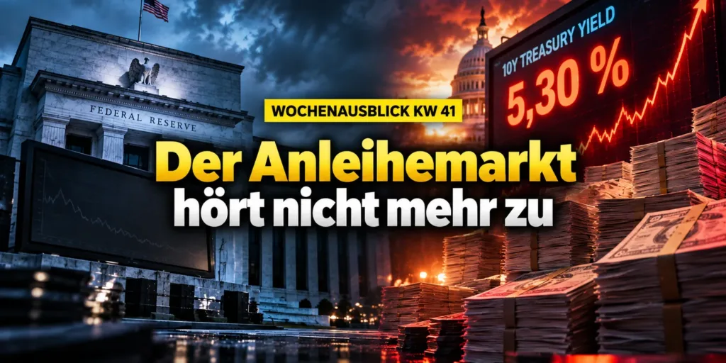 Gebäude der Federal Reserve, daneben eine Anzeigetafel mit 5,30 Prozent. Bildtitel: Wochenausblick KW 41, der Anleihemarkt hört nicht mehr zu
