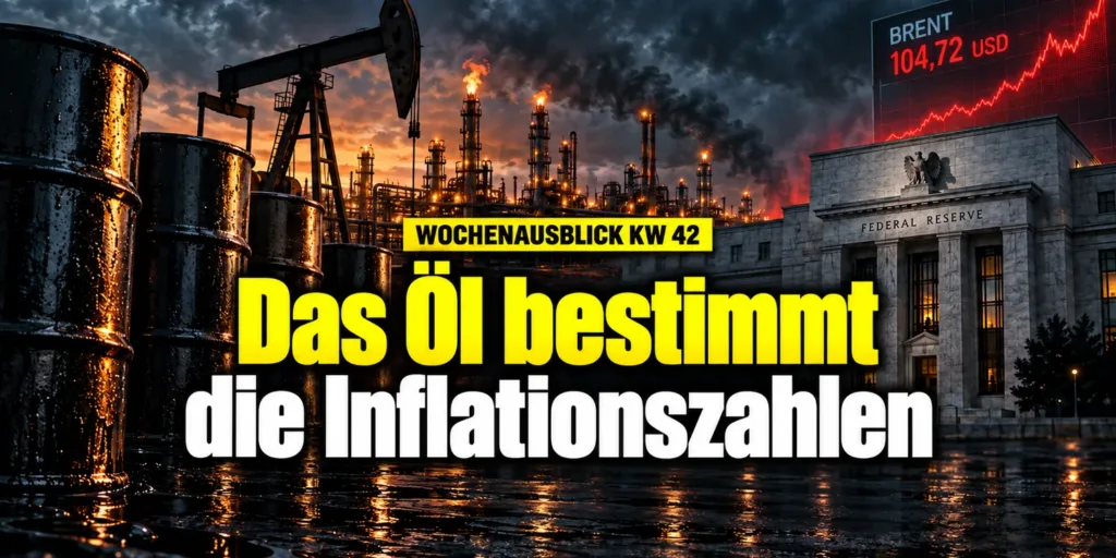 Ölfässer, Förderpumpe und Raffinerie bei Dämmerung, rechts die Federal Reserve und eine Anzeigetafel mit Brent bei 104,72 USD. Bildtitel: Wochenausblick KW 42, das Öl bestimmt die Inflationszahlen