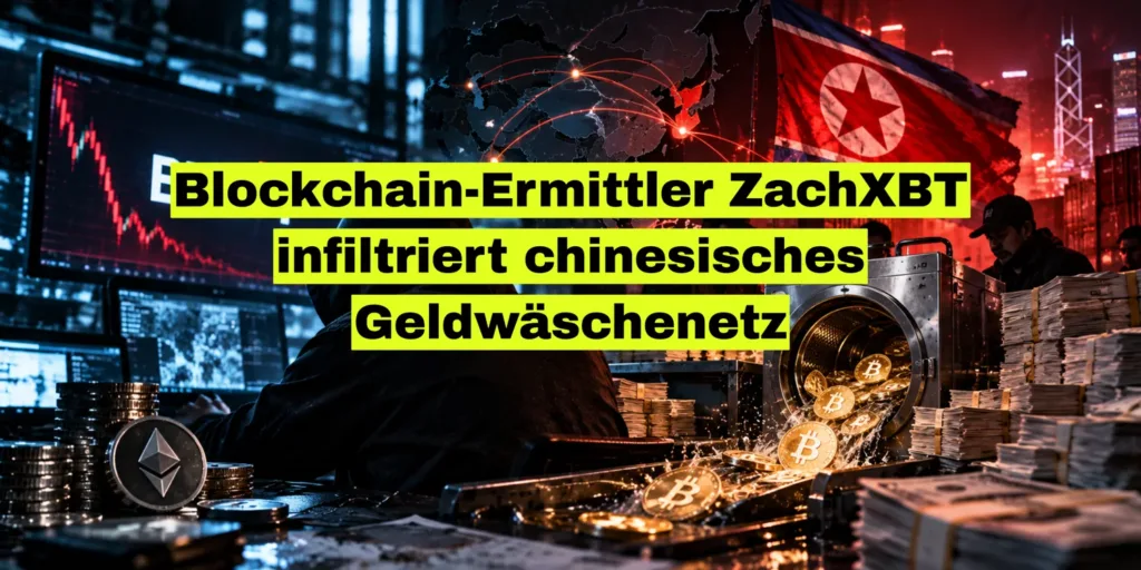 Fotomontage zur Geldwäsche für Nordkorea: Handelsbildschirme mit fallendem Kurs, eine Weltkarte mit roten Linien nach Ostasien, die Flagge Nordkoreas vor einer nächtlichen Hochhaus-Skyline, eine Person mit Kapuze, eine Waschmaschine, aus der Bitcoin-Münzen quellen, Geldbündel und eine Ether-Münze. Text im Bild: Blockchain-Ermittler ZachXBT infiltriert chinesisches Geldwäschenetz.